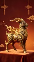 Golden ornate goat figurine with decorative flames on red traditional background with hanging knots and clouds for Chinese New Year celebrations.