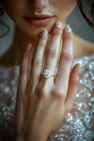 Close-up of elegant diamond engagement ring on feminine hand with nude manicure against sparkly background, soft focus romantic wedding jewelry photography.