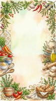 Watercolor kitchen frame border with herbs, vegetables, bread, olive oil, and spices surrounding a blank center for text or design.