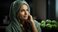 Young Middle Eastern woman in green hijab smiling thoughtfully while resting hand on face, with fresh brussels sprouts in background creating natural food atmosphere.