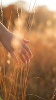 Hand gently touching golden wheat grass in warm sunset light with soft bokeh background creating peaceful natural moment for wellness and mindfulness concepts.