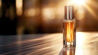 Luxury perfume bottle with golden liquid on wooden surface with warm sunlight and bokeh background for cosmetics and fragrance advertising.