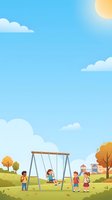 Diverse children playing on swing set in sunny park with fluffy clouds, green grass, and autumn trees. Outdoor recreation scene for educational, parenting, and community design projects.