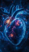 Futuristic visualization of human heart with glowing blue and red neural network connections against dark background for medical science publications.