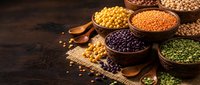 Assorted legumes and grains in wooden bowls on rustic table. Healthy protein sources including lentils, beans, chickpeas for cooking and nutrition.
