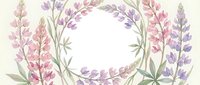 Watercolor lupine flowers forming decorative wreath frame on cream background. Botanical floral border with purple pink blooms for wedding invitations.