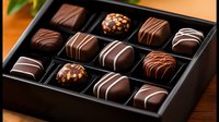 Luxury chocolate pralines and truffles in elegant black gift box with assorted dark and milk chocolate bonbons decorated with artistic drizzles and nuts.
