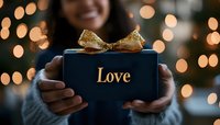 Young woman holding navy blue gift box with gold Love text and glittering bow against blurred bokeh lights background, creating romantic holiday atmosphere.