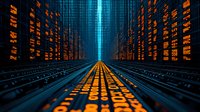 Futuristic digital tunnel with glowing binary code and orange data streams along corridor walls, leading to bright blue light. Technology concept for cybersecurity and data transfer.