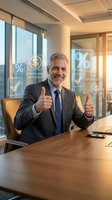 Successful mature businessman giving thumbs up in modern office with financial compliance and tax optimization holographic displays showing positive results.
