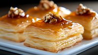 Golden puff pastry squares topped with honey glaze and crushed walnuts on white plate. Gourmet dessert for bakery menus and culinary presentations.