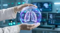 Scientist in white lab coat holding glowing digital lungs hologram in modern medical research laboratory environment with technology displays.