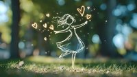 Magical glowing outline of dancing girl with flowing dress and hair surrounded by floating heart shapes against blurred natural bokeh background in park.