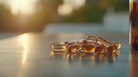 Omega-3 fish oil supplements in soft gel capsules scattered on reflective surface with warm sunlight and bokeh background, healthcare concept.
