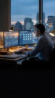 Professional businessman analyzing data on multiple monitors in modern office at night with city skyline view for business technology presentations.