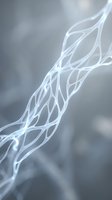 Glowing white neural network or fiber optic cable with branching pathways against soft gray background, suitable for technology, connectivity, and innovation concepts.
