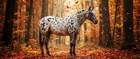 Spotted horse standing in autumn forest with golden foliage and falling leaves, ideal for equestrian and nature themes.