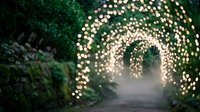 Enchanting garden pathway illuminated by warm fairy lights creating magical tunnel effect through lush greenery for romantic outdoor events and celebrations.