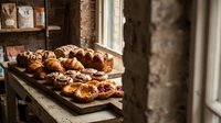 Fresh baked croissants and pastries displayed on wooden counter in rustic bakery with warm natural lighting and brick walls creating cozy atmosphere.