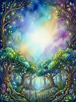 Enchanted forest pathway with gnarled trees, luminous foliage, and magical glowing light creating a mystical woodland scene for fantasy and children's book illustrations.