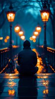 Silhouette of person sitting alone on wet bridge at night, illuminated by glowing vintage street lamps against moody blue twilight background. Reflective atmosphere.