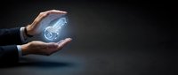 Businessman hands holding glowing neon car icon, representing automotive technology, innovation, and digital transportation solutions for business concepts.