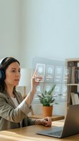 Young woman using futuristic holographic interface with digital icons at modern workspace with laptop and headphones for technology presentations.