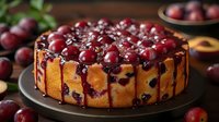 Delicious homemade cherry cheesecake decorated with fresh cherries and chocolate drizzle on dark plate. Perfect dessert for special occasions and holiday celebrations.
