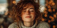 Young woman with freckles and curly red hair smiling with eyes closed against warm bokeh lights background, wearing cozy sweater for winter holiday atmosphere.