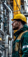 Caucasian male engineer in yellow hard hat and safety glasses at industrial facility. Side profile view shows beard and protective workwear against blurred pipeline background.