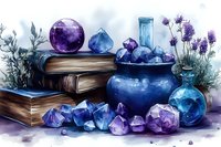 Mystical still life with amethyst and blue crystals, vintage books, blue ceramic vase, glass bottles and lavender flowers in watercolor style on white background.