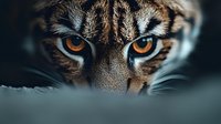 Close-up portrait of tiger eyes with intense orange gaze and striped fur pattern. Wild animal face showing natural beauty and power for wildlife photography.