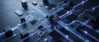 Digital circuit board with glowing blue pathways and technology icons representing data flow, connectivity, and artificial intelligence for tech innovation concepts.