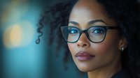 Young African American businesswoman wearing glasses with confident expression against blurred teal background. Professional corporate headshot with soft bokeh lighting effect.
