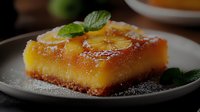 Caramelized pineapple upside-down cake slice on gray plate garnished with fresh mint leaves and powdered sugar, showcasing moist texture and golden topping.