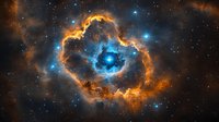 Cosmic nebula with glowing orange and blue gases forming ethereal cloud patterns against starry space background. Celestial formation illuminated by stellar light.