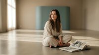 Young woman with long dark hair and fair complexion, wearing casual beige clothing, sitting cross-legged on wooden floor reading newspaper in minimalist interior space with green wall panel and natural light.