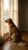 Golden retriever sitting by window with sheer curtains, gazing outside at natural light. Warm interior setting with wooden floor, suitable for pet care, home decor, and lifestyle content.
