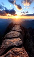 Lone hiker stands on dramatic mountain ridge at sunset, silhouetted against golden sunburst and dramatic clouds over misty mountain peaks and valleys.