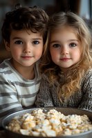 Young boy and girl with curly hair wearing cozy sweaters share sweet moment over bowl of whipped cream dessert, natural indoor lighting creates warm atmosphere.