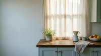 Bright kitchen window with sheer curtains, wooden countertop, potted plant, pitcher and fresh fruit for home decor and interior design projects.