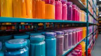 Colorful rows of paint containers in warehouse storage shelves create vibrant gradient display perfect for art supply, retail, and manufacturing industry concepts.