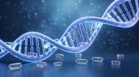 DNA double helix structure with genetic code sequence on blue scientific background for biotechnology research and molecular biology studies.