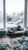 Cozy tabby cat resting on window sill overlooking snowy winter garden with coffee mug and blankets creating warm indoor atmosphere for seasonal lifestyle content.
