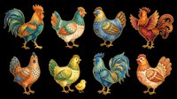 Colorful rooster and hen collection isolated on transparent background. Eight decorative poultry illustrations in various ornamental styles, ready for t-shirt design, clipart, stickers, and print-on-demand products.