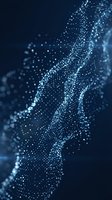 Abstract flowing particles and glowing dots forming dynamic wave patterns against dark blue background, suitable for technology, digital transformation, data visualization, and innovation concepts.