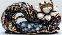 Ornate fantasy jewelry box with dragon motif, moonstone lotus flower and bronze crown details against dark background, featuring intricate metalwork and gemstone accents.