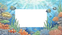 Underwater coral reef scene with tropical fish and marine life surrounding blank white rectangular frame for text or design elements.