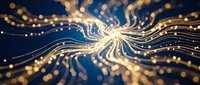 Abstract golden light streams flowing through dark blue space with glowing particles and bokeh effects creating dynamic energy waves for digital backgrounds.