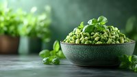 Fresh green pesto sauce in ceramic bowl with basil leaves on kitchen counter for cooking and culinary preparations.